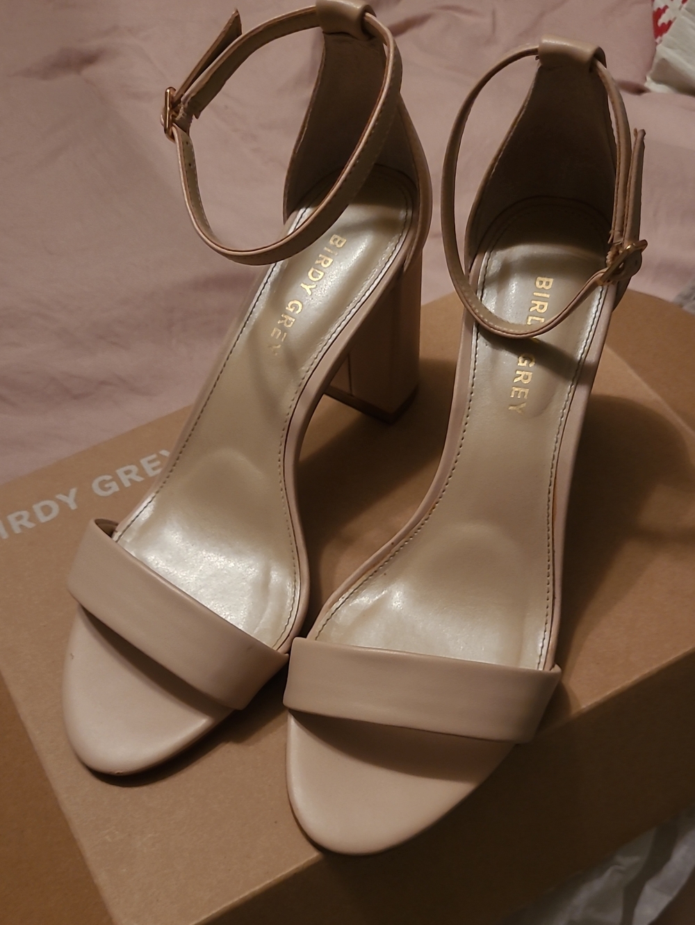Size 8 Birdy Grey Nude Blush Ankle-Strap Mary High Chunky Heel